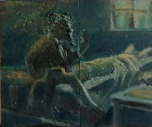 Interpretación La autopsia de Simonet. Óleo sobre madera. 25x30 cm. 2017